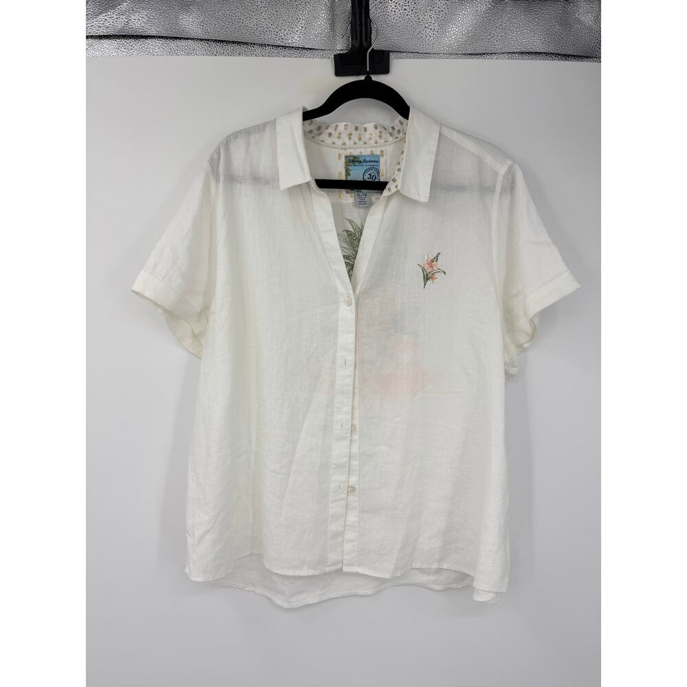 Tommy Bahama Womens Linen Button Up Shirt Size XL White Embroidered Hawaiian - Picture 2 of 8